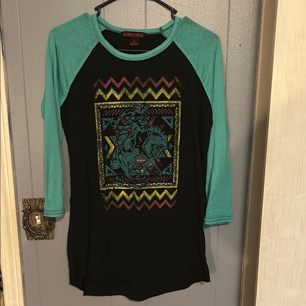 Black and Teal Graphic Rock and Roll Cowgirl Tee